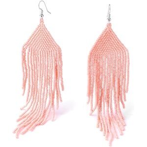Elegant Pink Beaded Fringe Earrings